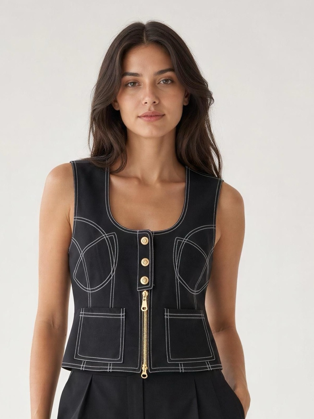 MOSCHERY Black Contrast-Stitch Crop Vest with Gold Hardware